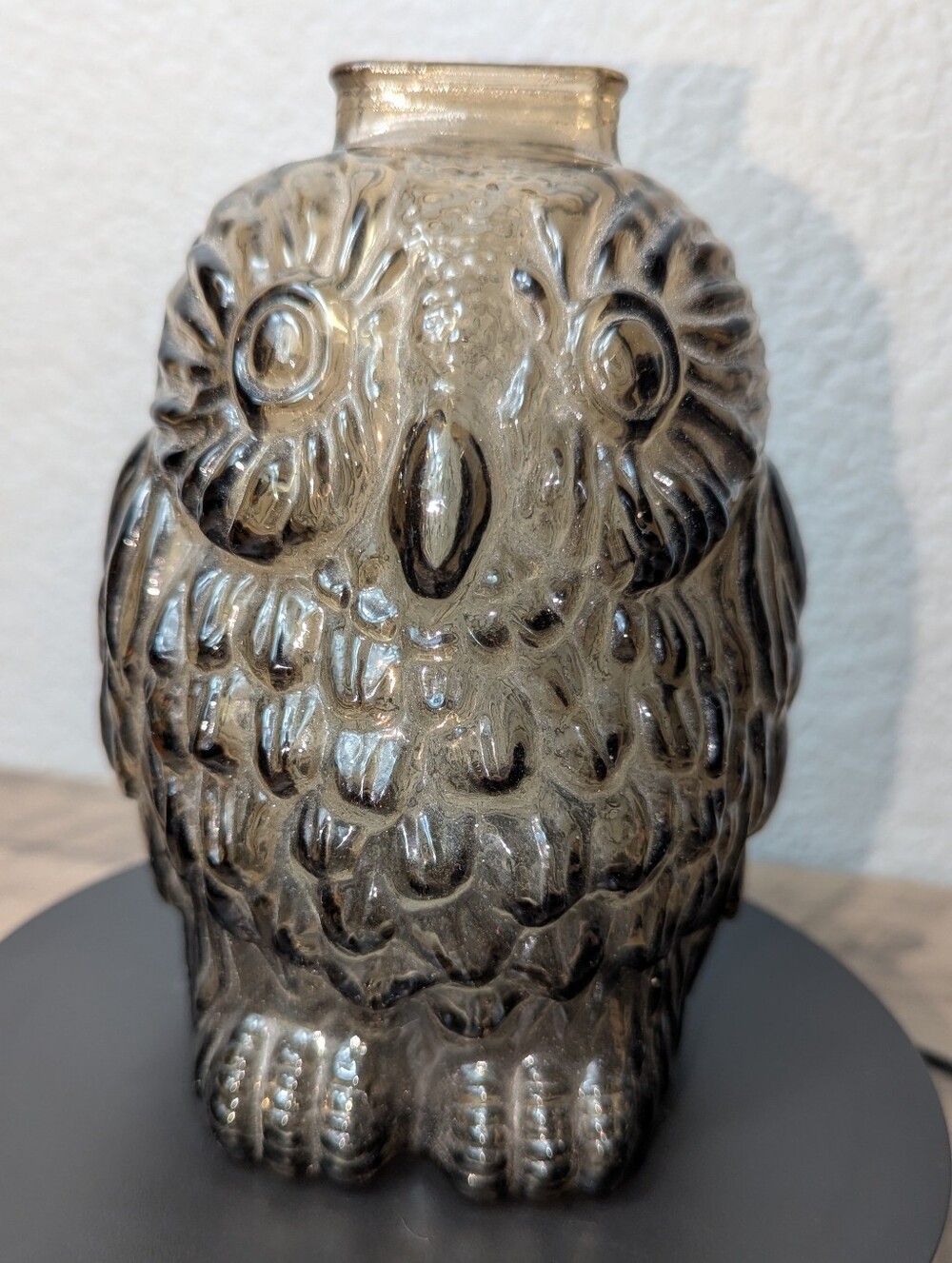 VTG Libbey Wise Old Owl Glass Piggy Bank, 1960s amber